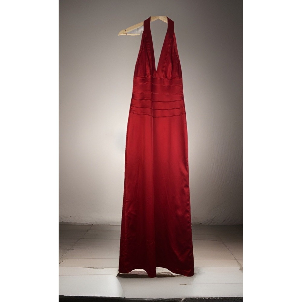 Papell Boutique Evening Women's 2P Red Satin Halter Bodycon Maxi Dress